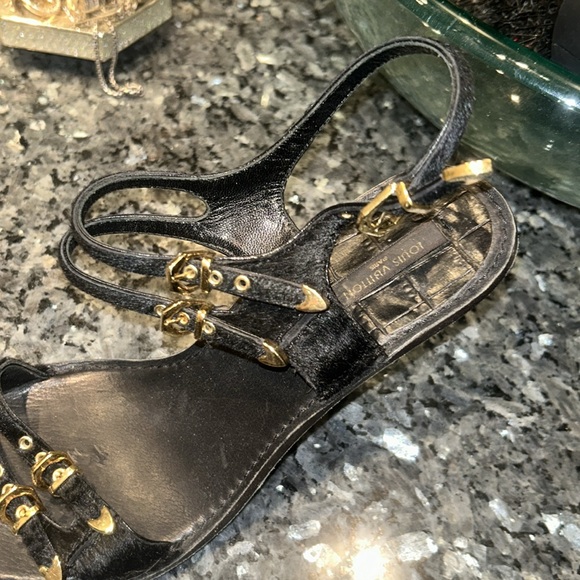 Louis Vuitton black suede with gold buckle heeled sandals, ankle straps - Picture 5 of 10